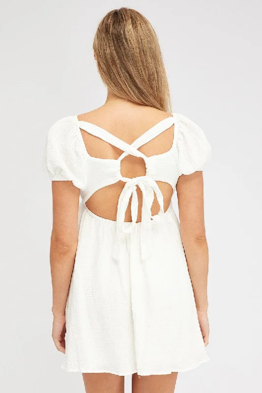 White Fit and Flare Dress Short Sleeve Tie Back Babydoll