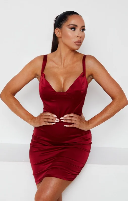 Wine Satin Shaped Cup Mini Dress - Amalia