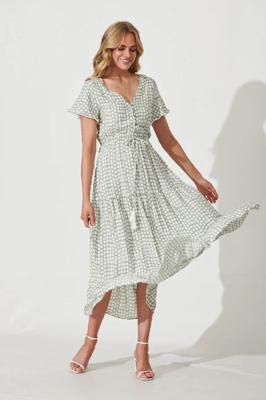 Yara Maxi Dress In Green With White Polka Dot