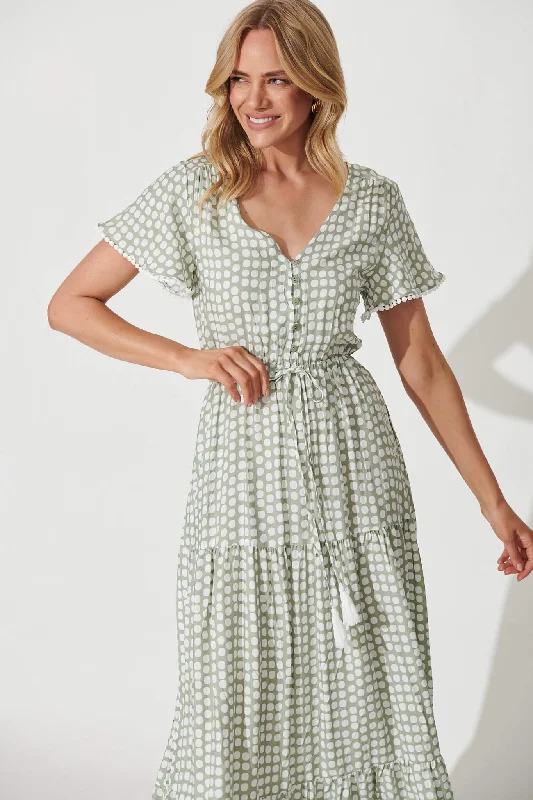 Yara Maxi Dress In Green With White Polka Dot