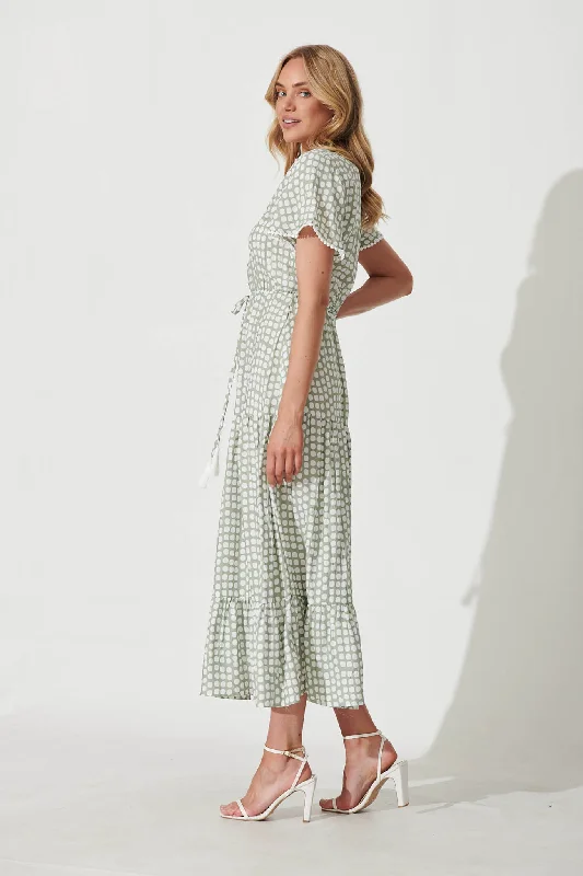 Yara Maxi Dress In Green With White Polka Dot