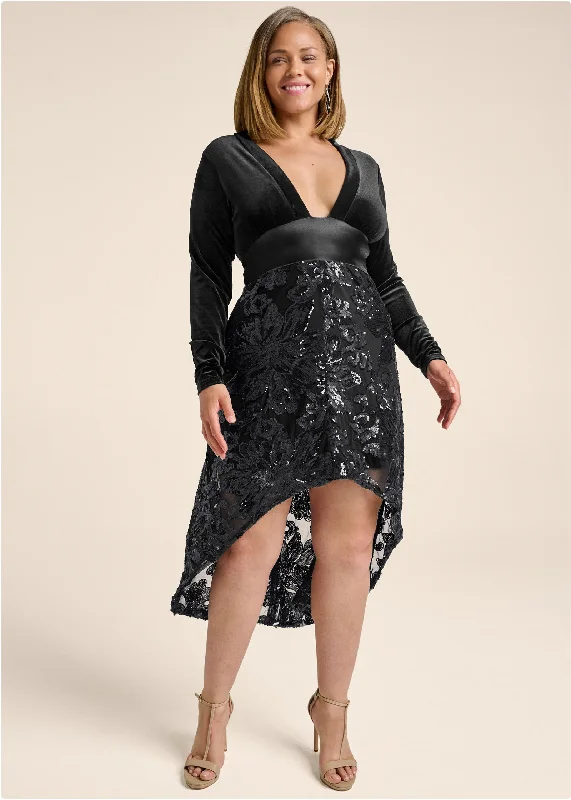 Sequin lace high-low dress - Black