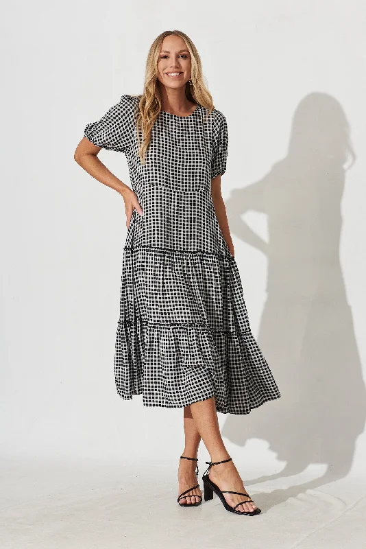 Zoya Midi Dress In Black With White Check Gingham