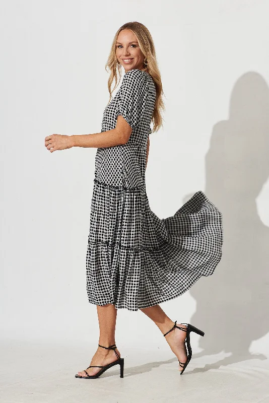 Zoya Midi Dress In Black With White Check Gingham