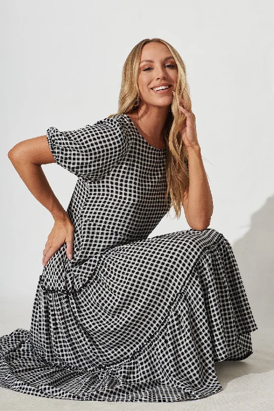 Zoya Midi Dress In Black With White Check Gingham