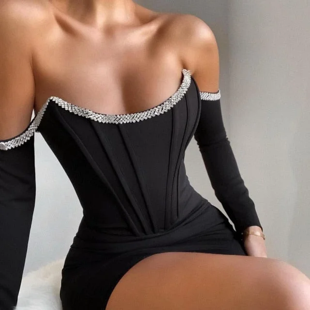 Amy Fashion - Mini Crystal Sexy Off Shoulder Bodycon Dress