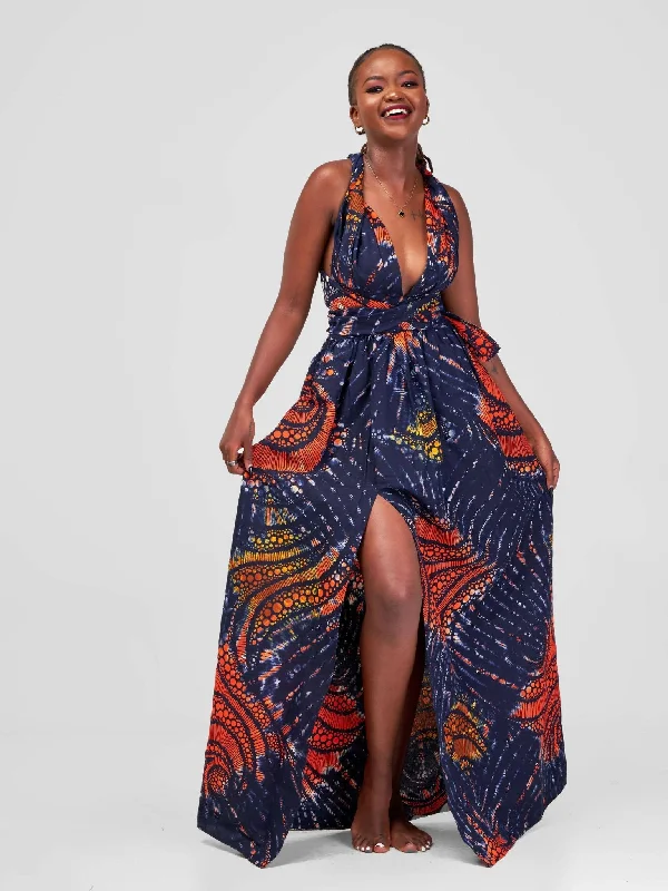 African Yuva Rembo Maxi Dress - Navy / Orange Swirl Kitenge