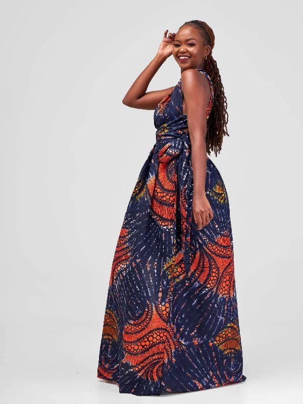 African Yuva Rembo Maxi Dress - Navy / Orange Swirl Kitenge