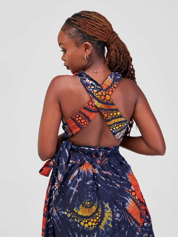 African Yuva Rembo Maxi Dress - Navy / Orange Swirl Kitenge