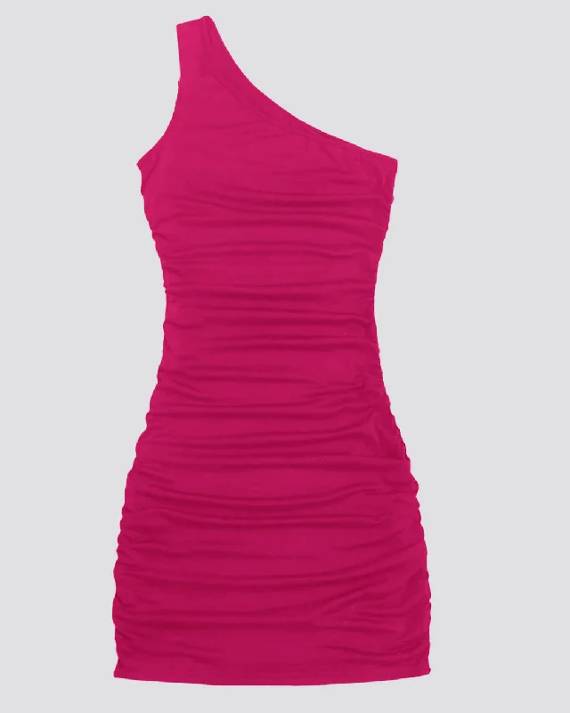 Asymmetrical Neck Bodycon Sleeveless Hot Pink Dress