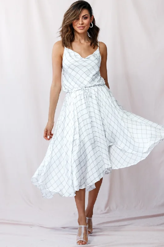 Ava Cowl Neck Drawstring Midi Dress Check Print White