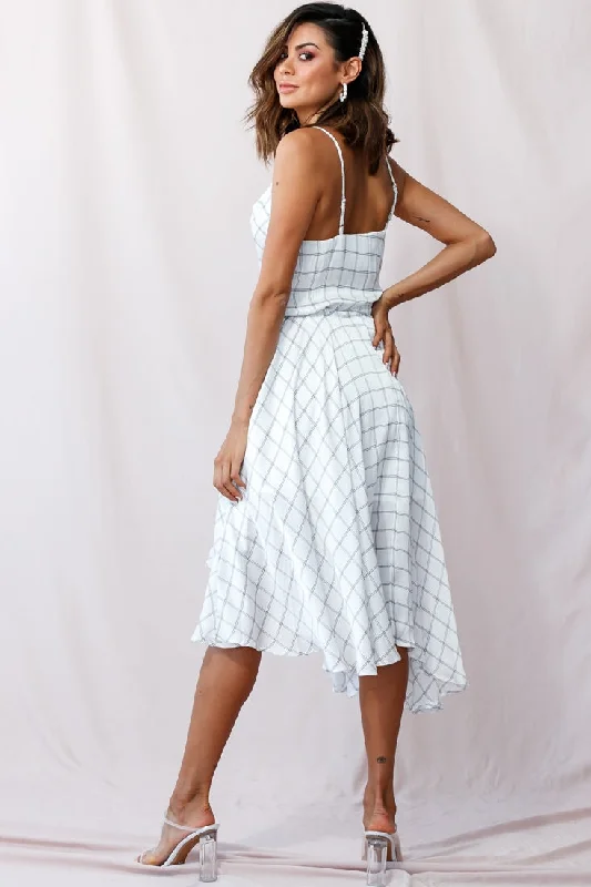 Ava Cowl Neck Drawstring Midi Dress Check Print White