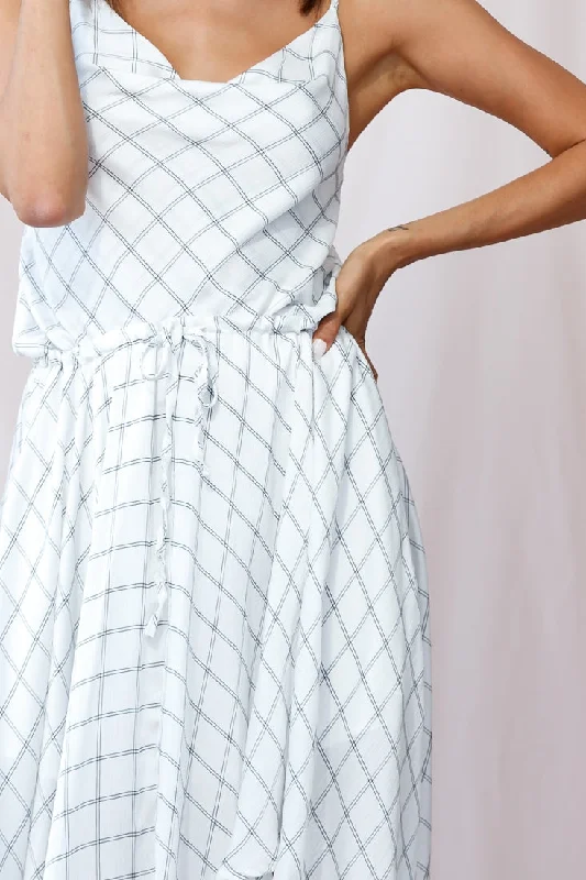 Ava Cowl Neck Drawstring Midi Dress Check Print White