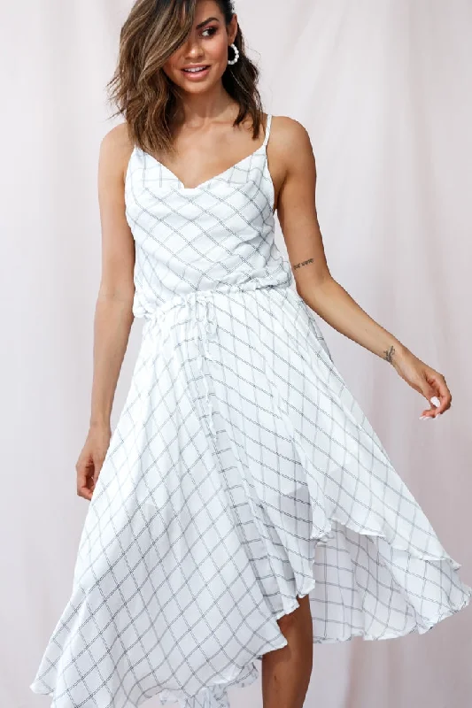 Ava Cowl Neck Drawstring Midi Dress Check Print White