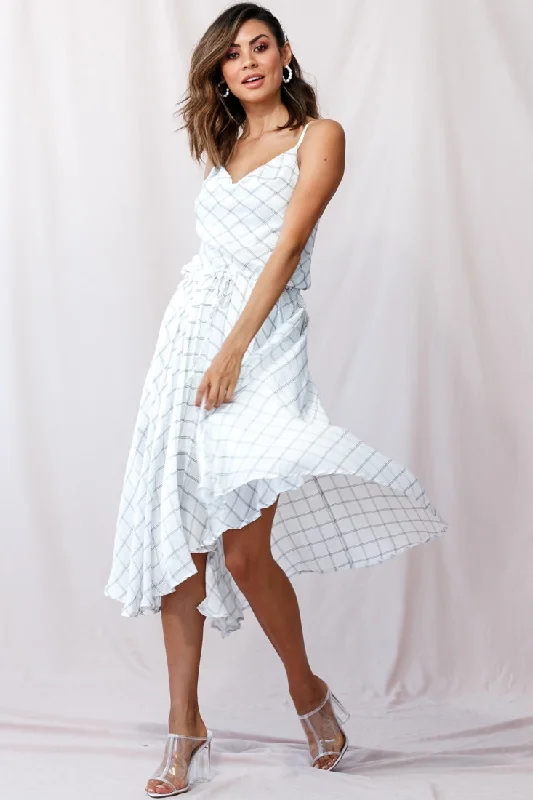 Ava Cowl Neck Drawstring Midi Dress Check Print White