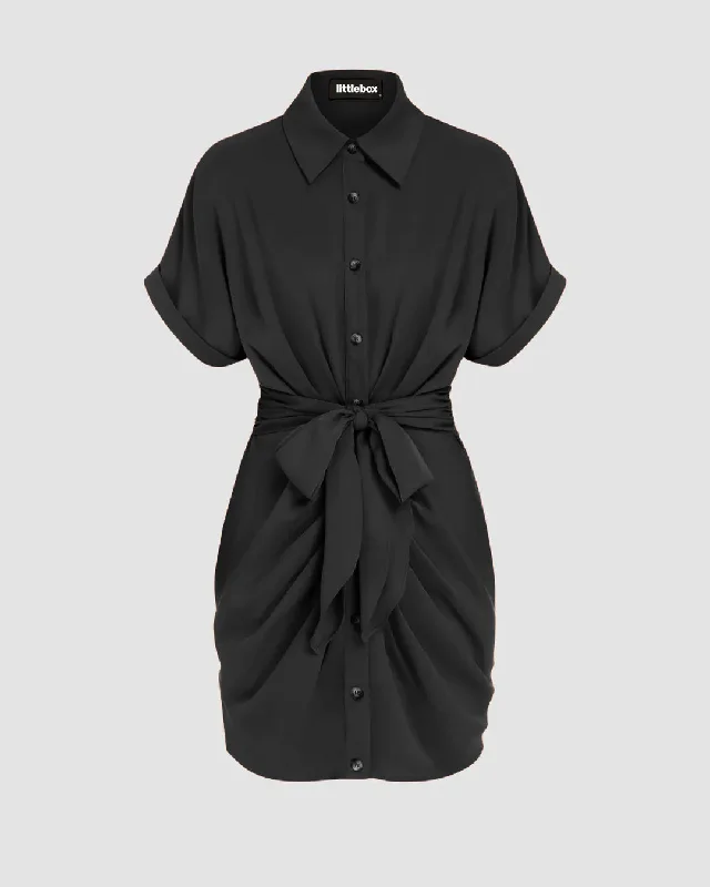 Batwing Sleeve Knot Front Ruched Black Shirt Dress