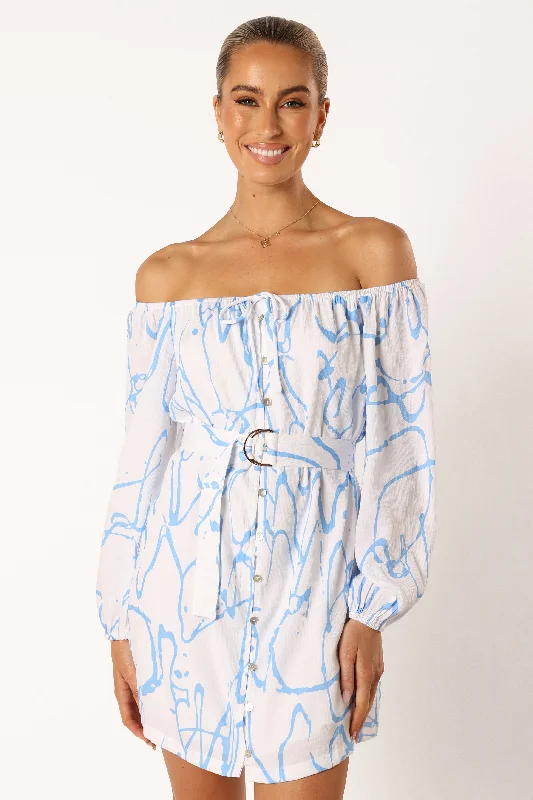 Beau Off Shoulder Mini Dress - Blue Print