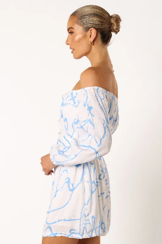 Beau Off Shoulder Mini Dress - Blue Print