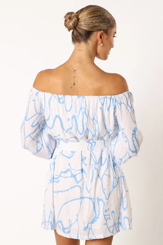 Beau Off Shoulder Mini Dress - Blue Print