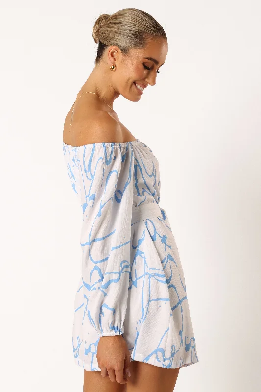 Beau Off Shoulder Mini Dress - Blue Print