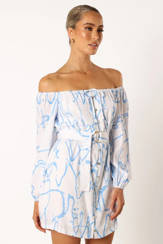 Beau Off Shoulder Mini Dress - Blue Print