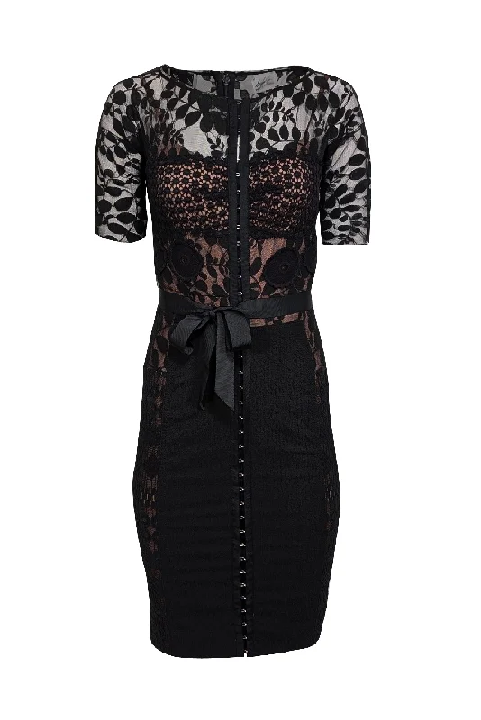 Beguile by Byron Lars - Black Lace Short Sleeve Sheath Dress Sz S