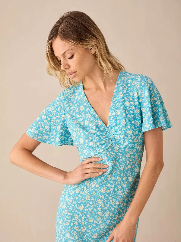 Blue Ditsy Print Flutter Sleeve Midi Dress