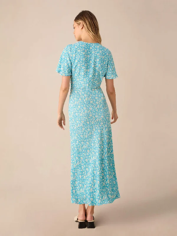 Blue Ditsy Print Flutter Sleeve Midi Dress