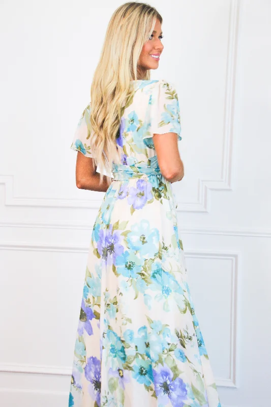 Botanical Beauty Floral Maxi Dress: Cream/Blue Multi