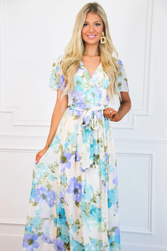 Botanical Beauty Floral Maxi Dress: Cream/Blue Multi