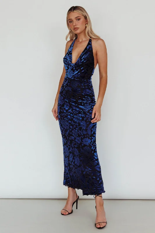 Byzantine Cowl Halterneck Midi Dress Floral Midnight Blue