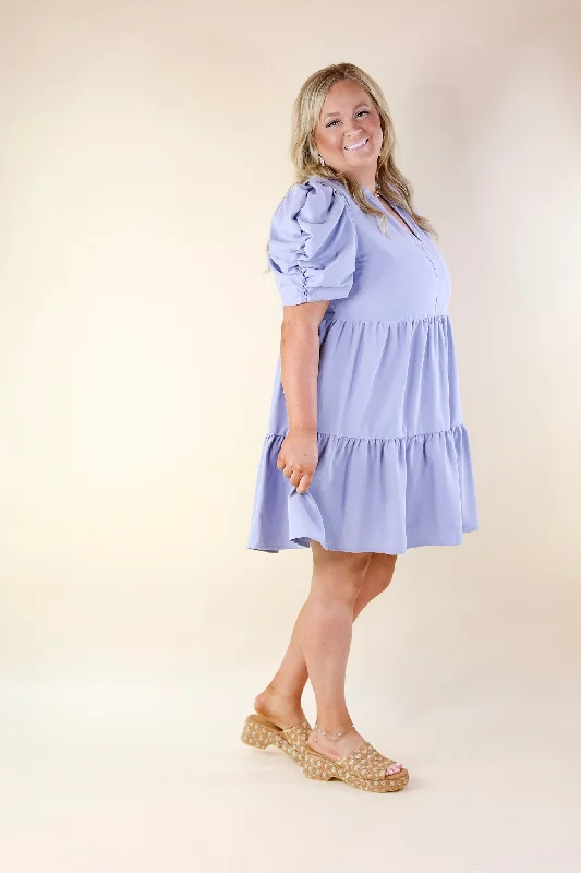 Call Me Chic Balloon Sleeve Short Dress in Chambray Blue