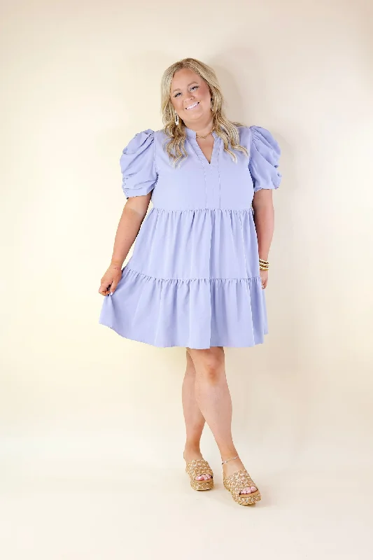 Call Me Chic Balloon Sleeve Short Dress in Chambray Blue