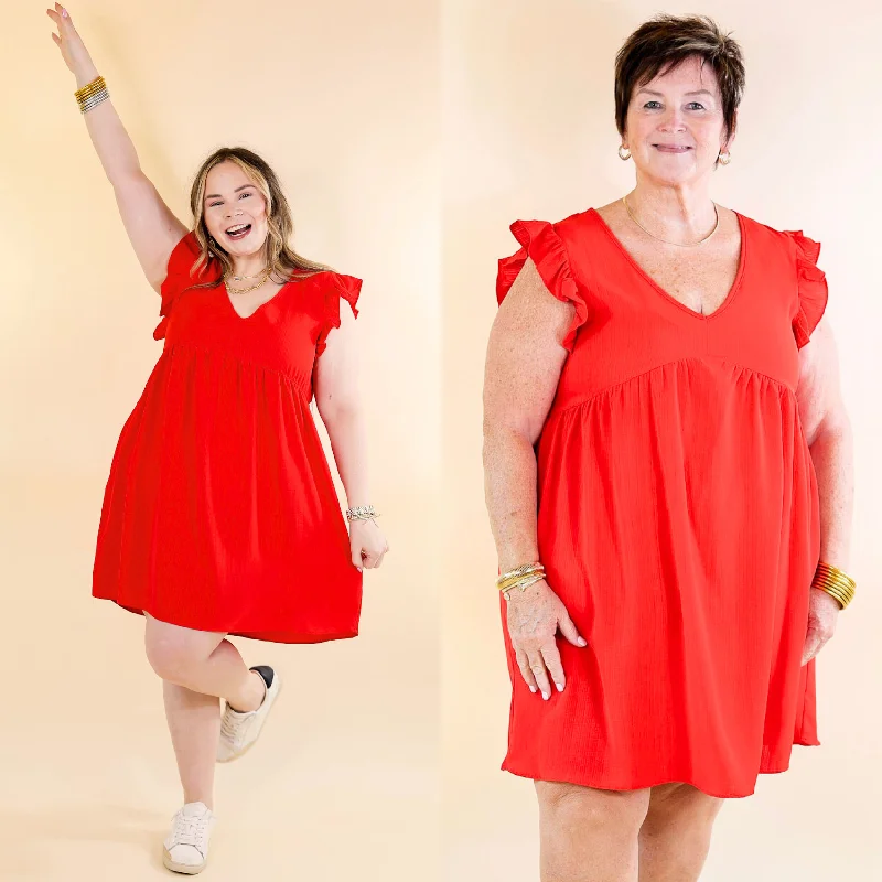 Capture Your Attention V Neck Dress with Ruffle Cap Sleeves in Red