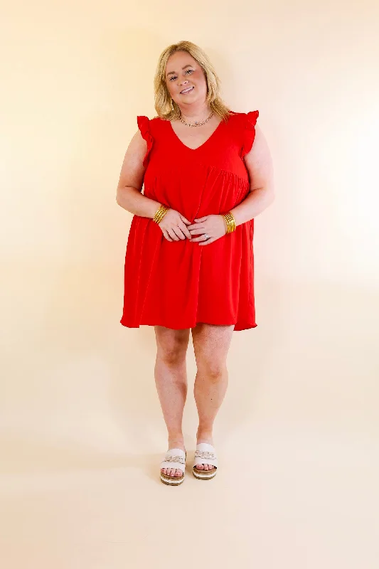 Capture Your Attention V Neck Dress with Ruffle Cap Sleeves in Red