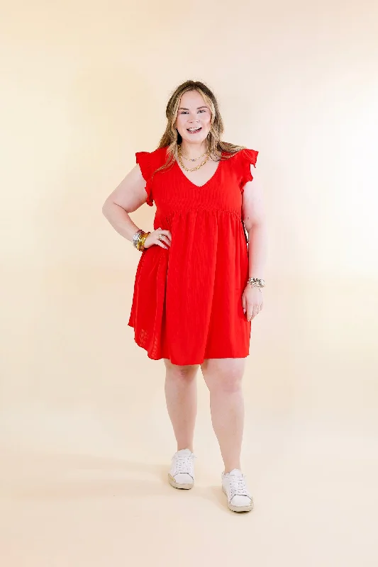 Capture Your Attention V Neck Dress with Ruffle Cap Sleeves in Red