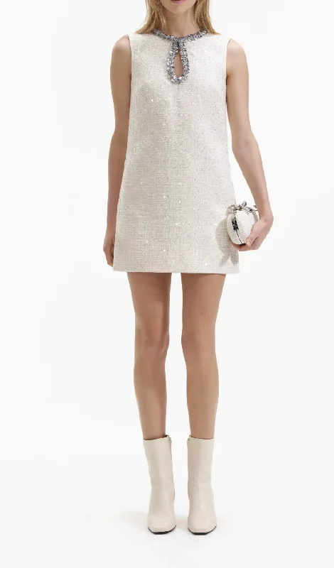 CREAM EMBELLISHED BOUCLÉ MINI DRESS