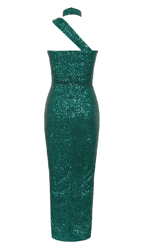 CUT OUT SEQUINS MAXI DRESS IN FOREST GREEN