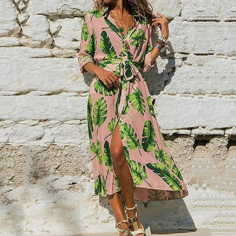 FashionSierra - Fashion Women Summer Boho Floral Slit Long Maxi Dress Holiday Party Ladies Casual Beach Loose Dresses Sundress