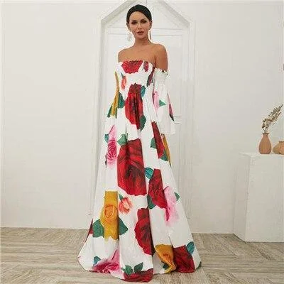 FashionSierra - Flared sleeve off shoulder bohemian dress Women floral printed long dress Autumn fashion vacation maxi dress Boho vestidos