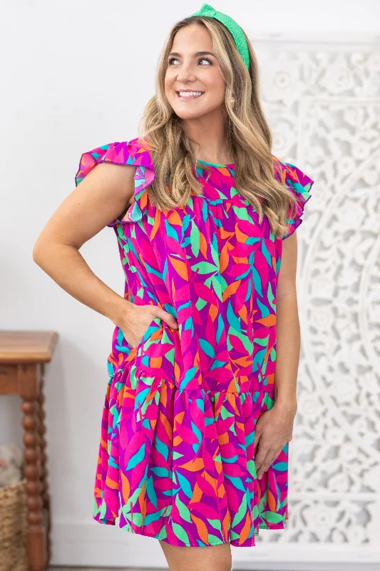 Fuchsia Multicolor Leaf Print Woven Dress