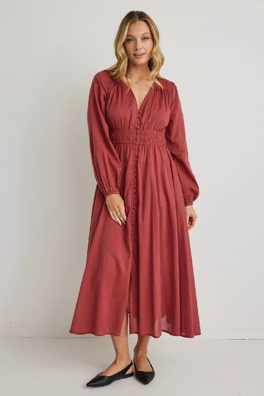 Gala Clay LS Button Front Tiered Maxi Dress