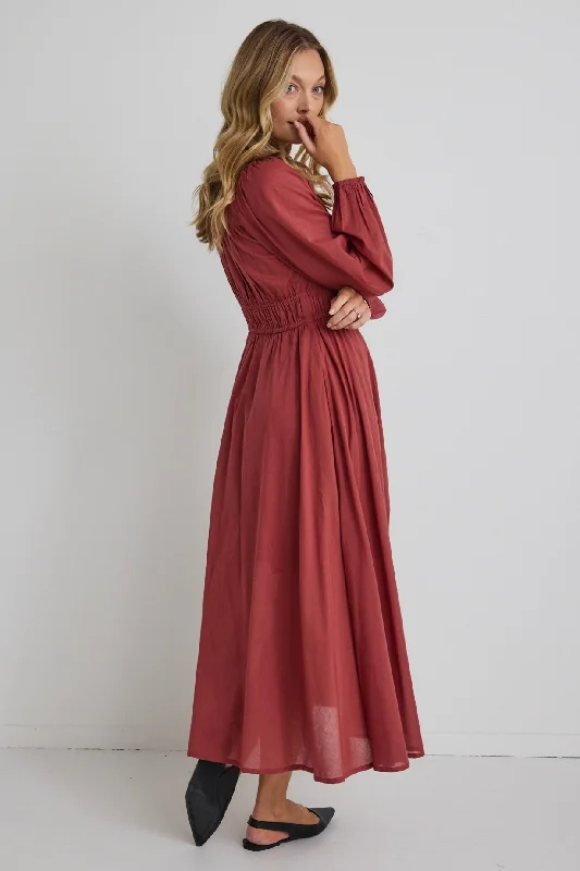 Gala Clay LS Button Front Tiered Maxi Dress