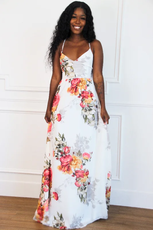 Garden Stroll Open Back Maxi Dress: White Multi