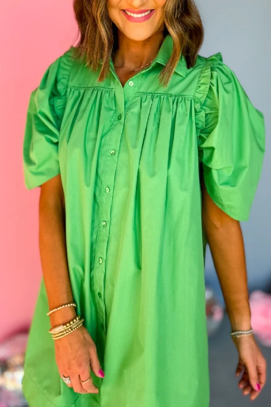 Green Poplin Collared Button Down Frill Puff Sleeve Dress