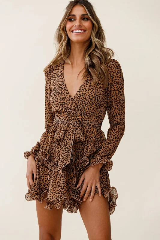 Greta Tiered Ruffle Chiffon Dress Animal Print Brown