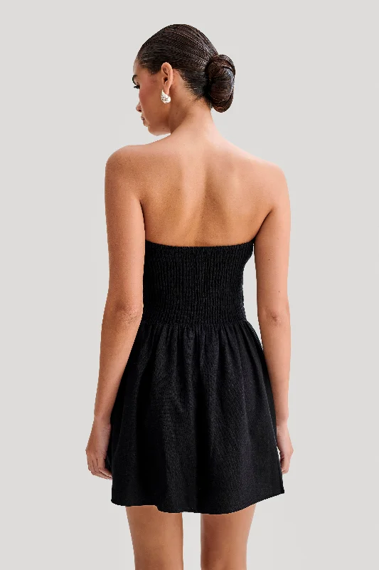 Holland Linen Shirring Mini Dress - Black