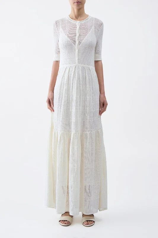 Iris Pointelle Knit Pleated Dress with Slip in Ivory Cotton Silk