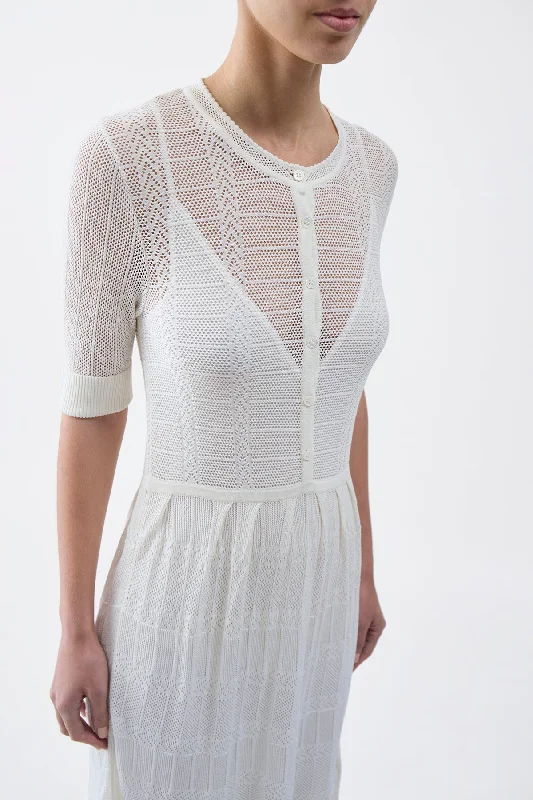 Iris Pointelle Knit Pleated Dress with Slip in Ivory Cotton Silk