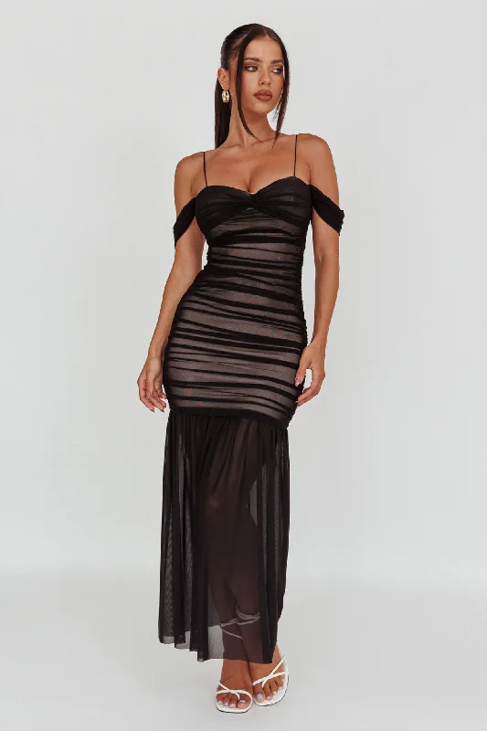 La Salle Ruched Mesh Maxi Dress Black